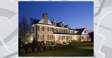 Image of a map and a two-story custom home with stone features built by Thompson Communities