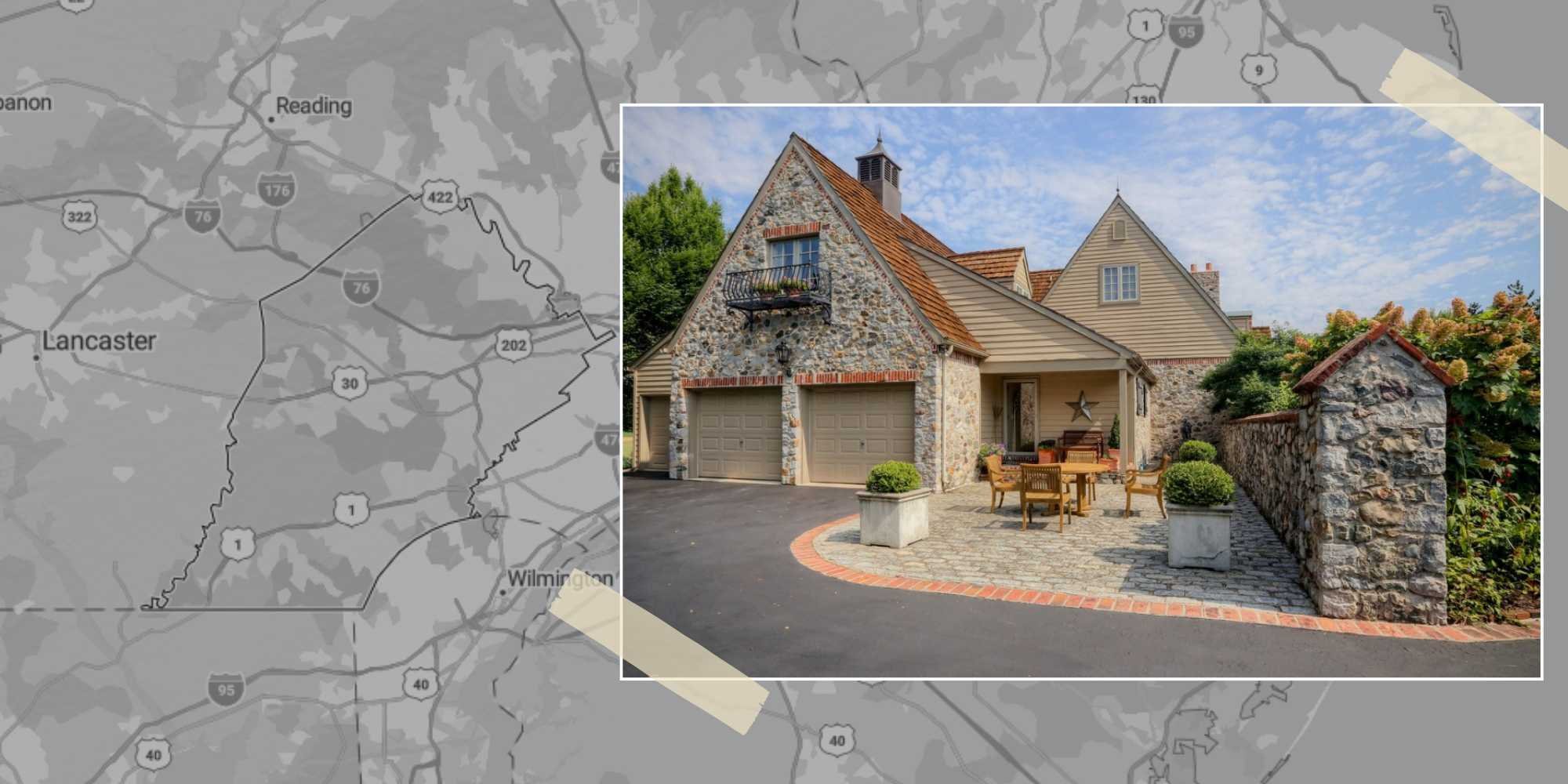 Image of a map of Chester County, PA and a Custom Home built by Thompson Communities