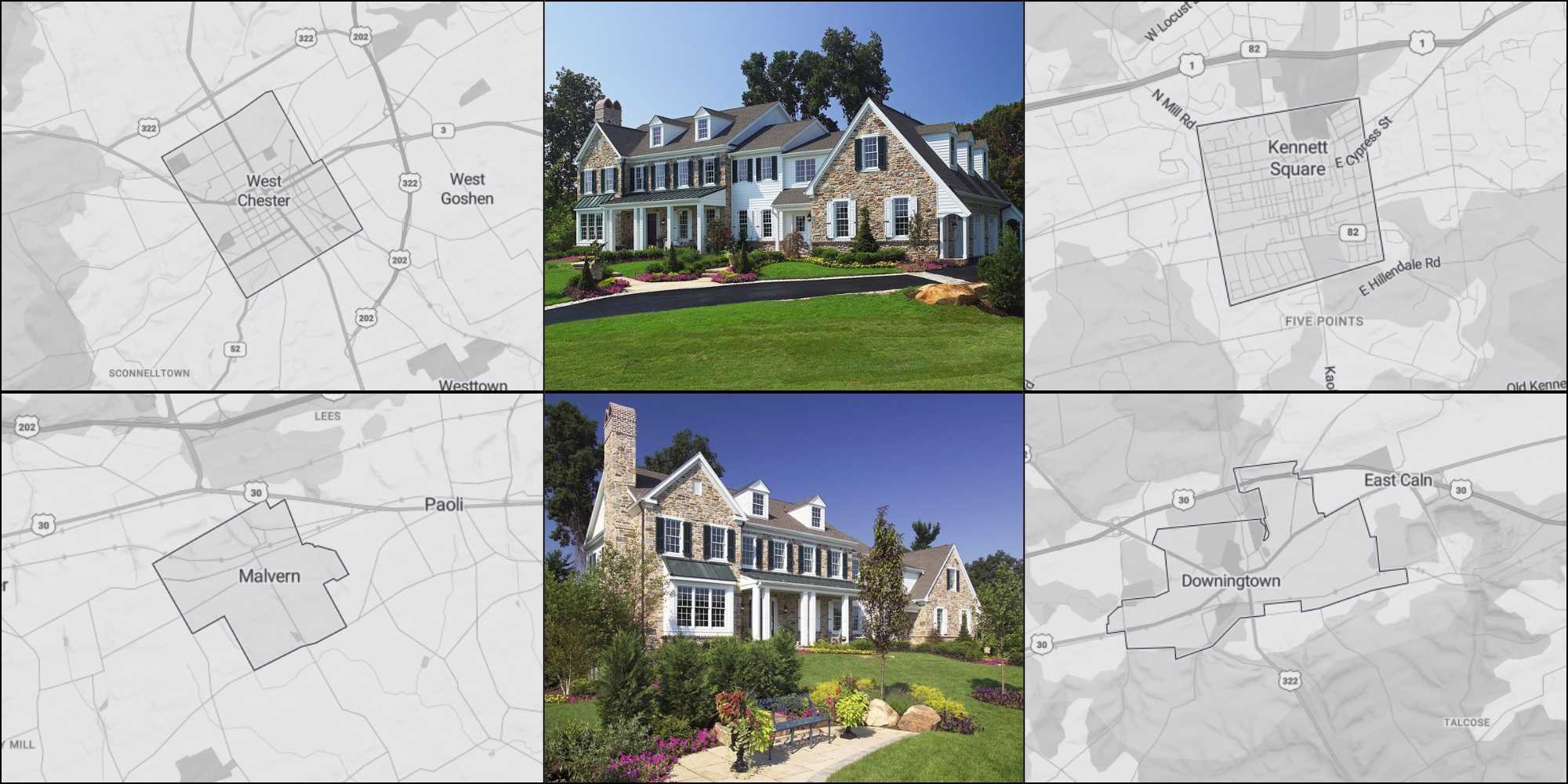 Image of maps of different areas in Chester County and images of a custom home by Thompson Communities