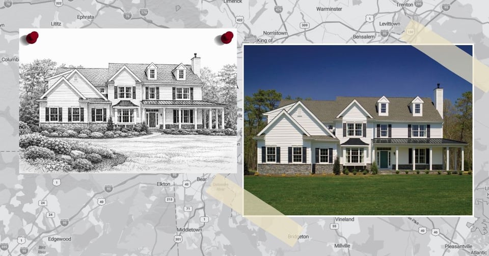 Image of a map of the Tri-state area, conceptual art of a custom home, and the final pic by Thompson Communities