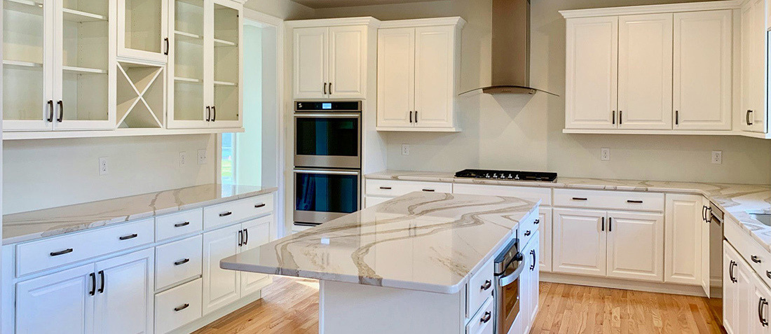 White kitchen with marble island, shown in design and planning phase-Thompson Communities - Chester County Builder and Remodeler - Kitchen Remodel Process & Timeline