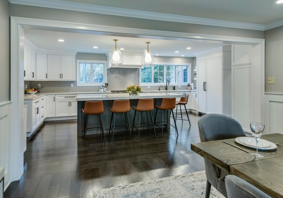 Finished kitchen remodel with island seating - Kitchen Remodel Process & Timeline - Thompson Communities - Chester County Builder and Remodeler 